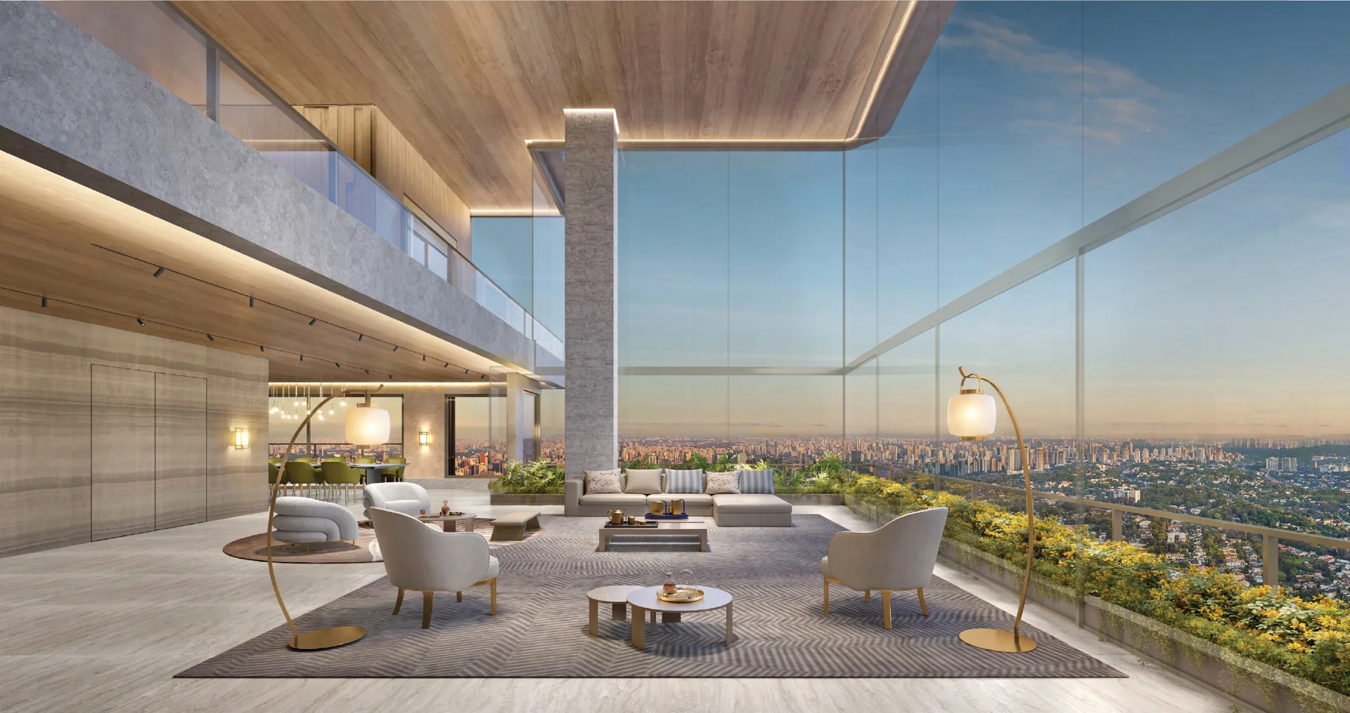 Perspectiva ilustrada | Penthouse final 1, 54º pavimento, 710 m². Fechamento de caixilho meramente ilustrativo, não será entregue