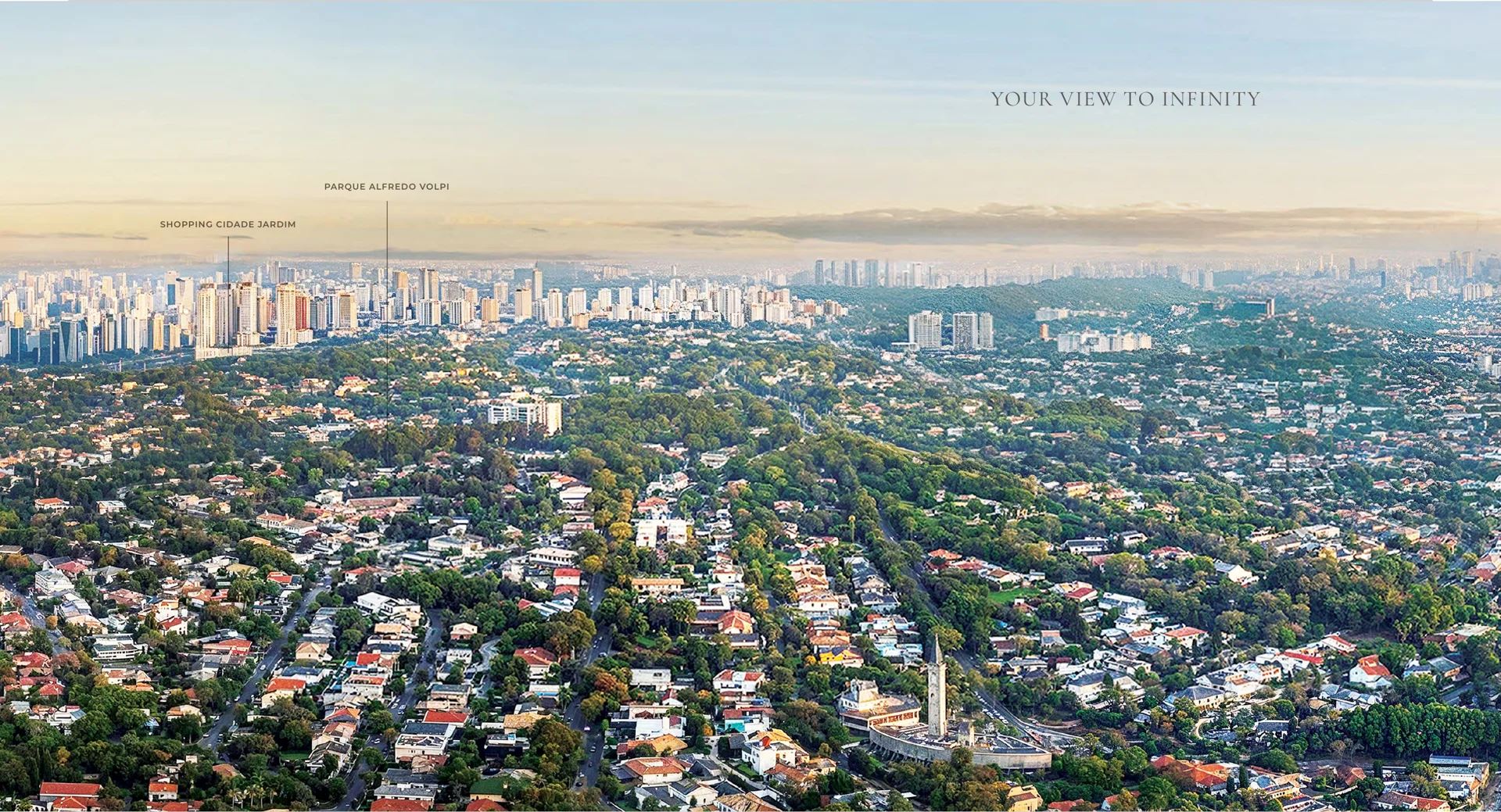 Foto aérea da região, com Parque Alfredo Volpi e Shopping Cidade Jardim identificados
