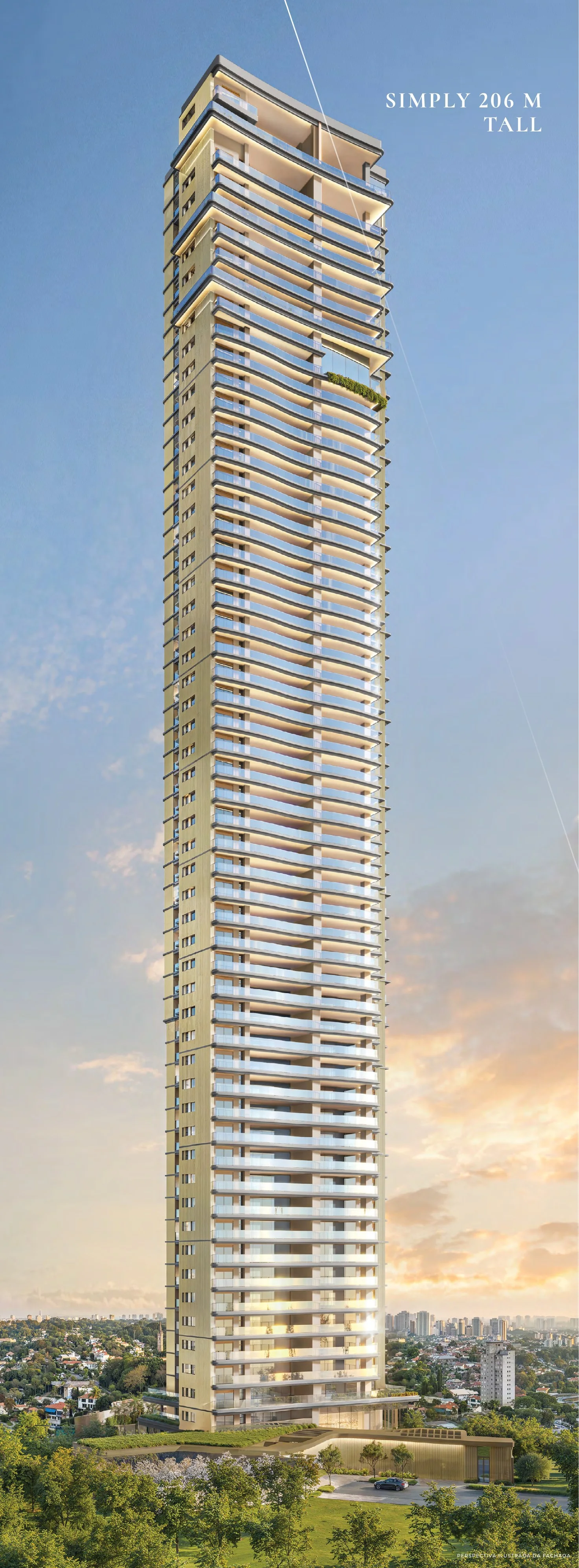 Perspectiva ilustrada da fachada completa da Torre Milano, com 206 metros de altura